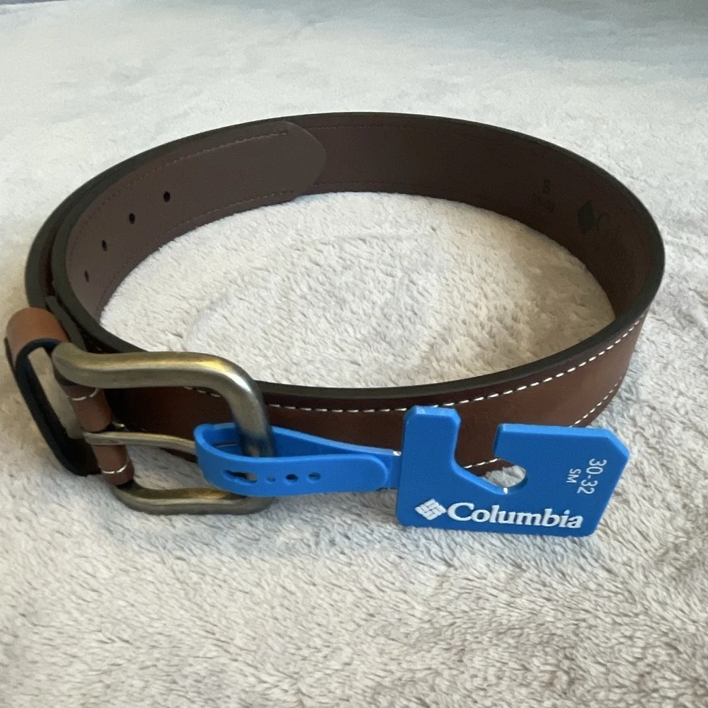 Columbia Men's Brown Dress Belt 30-32 Solid 1.5in Adjustable Logo Buckle